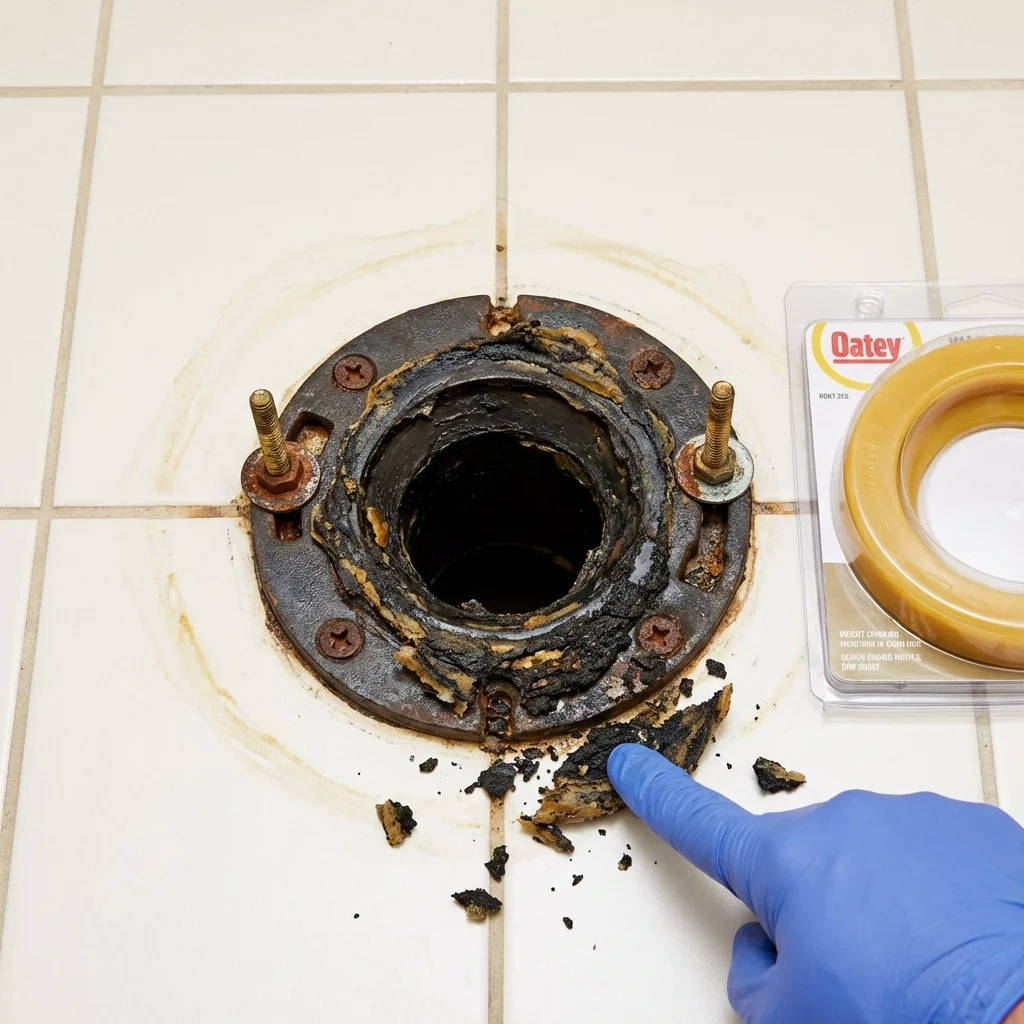 Failed wax ring showing water seepage at the base of a toilet in a Eureka, IL home