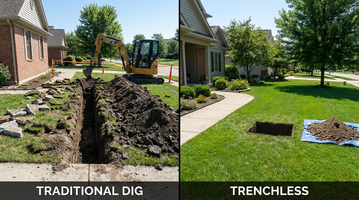 Trenchless sewer repair with minimal yard damage versus traditional excavation in Eureka, IL
