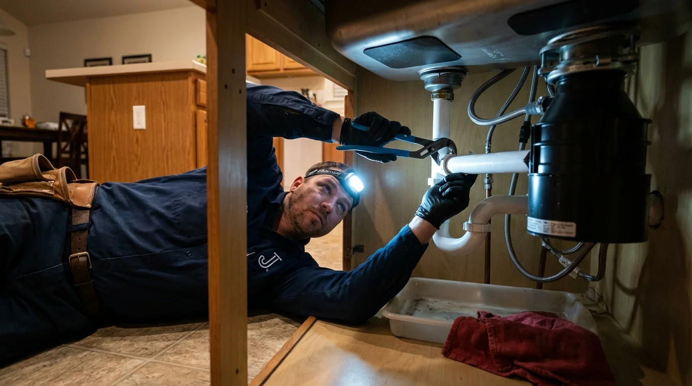 P-trap and supply line connections under a kitchen sink showing a common leak point in Eureka, IL